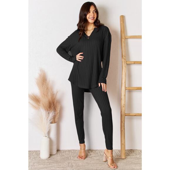 BASIC BAE Plus Black 2 Piece Notched Long Sleeve Top Pants Set Plus Size NEW 3XL - Picture 7 of 8